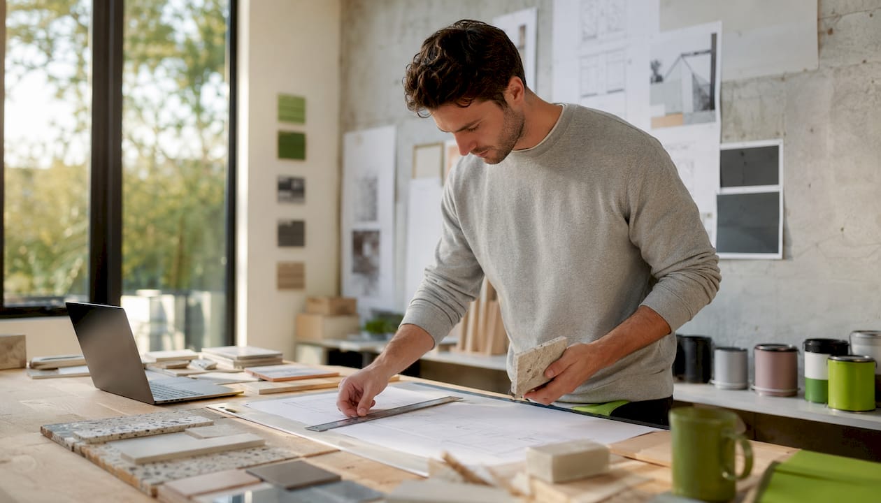 Architect examining building materials at drafting table