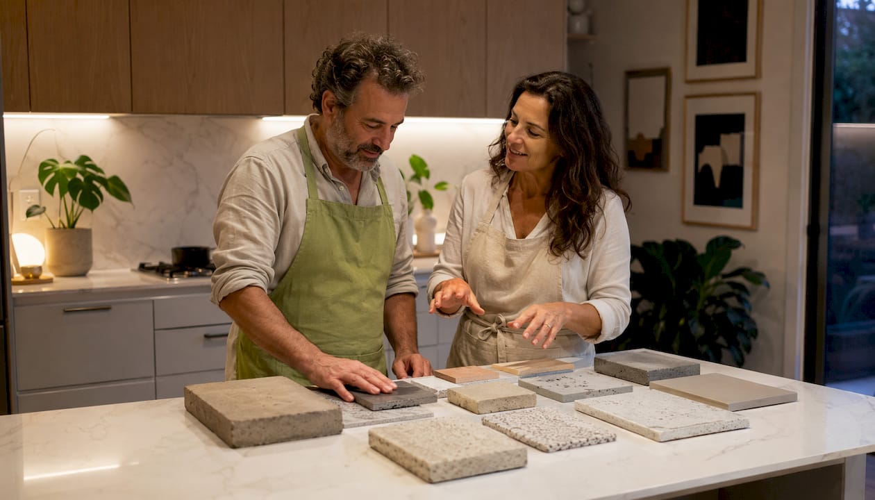 Couple inspecting home building materials outdoors