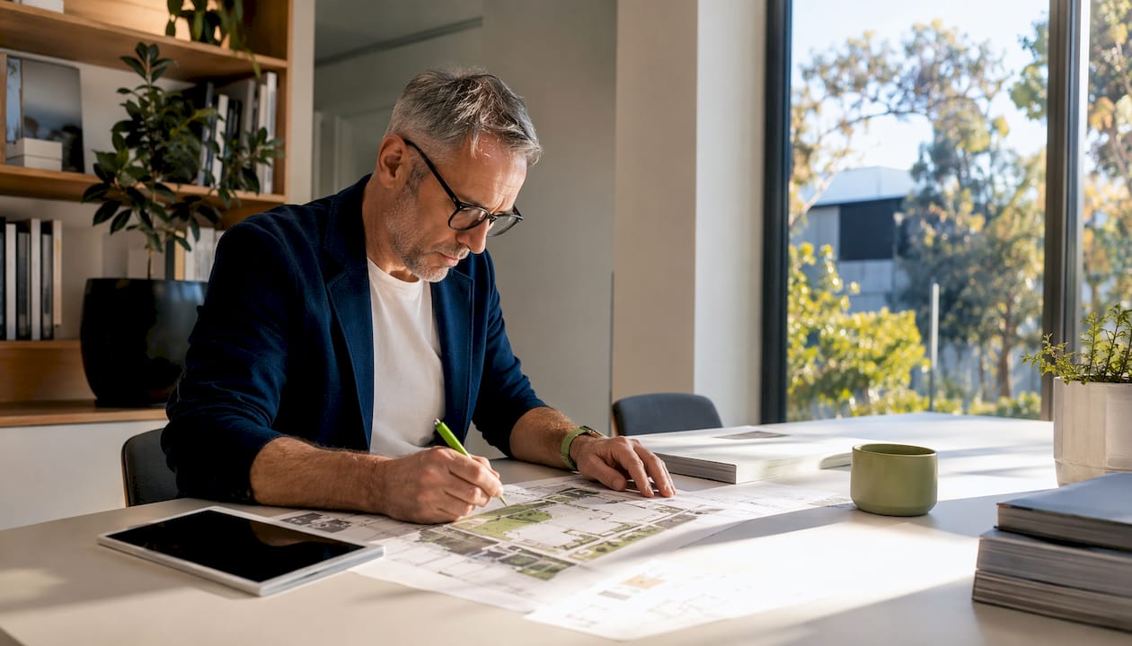 Architect reviewing knockdown rebuild plans in studio