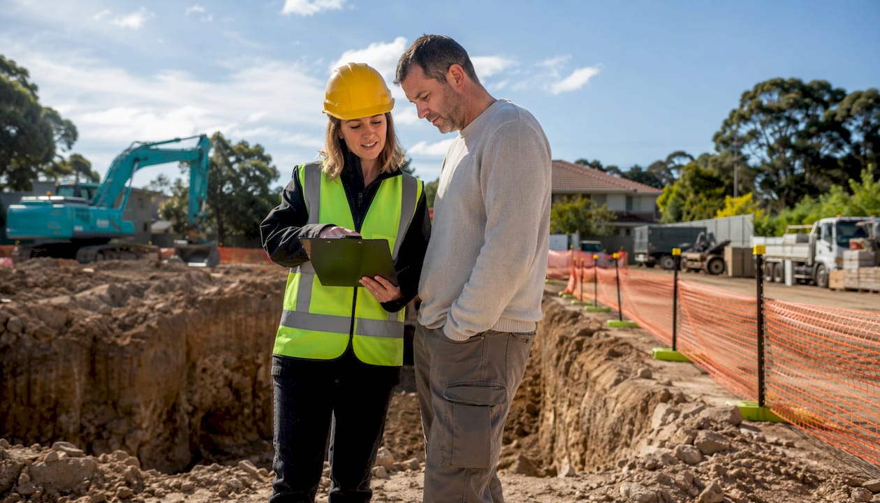 Contractor and homeowner discussing excavation works