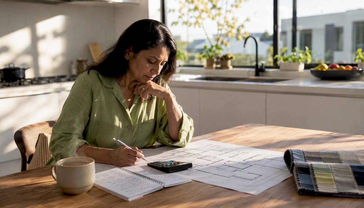 Homeowner reviewing extension budget documents