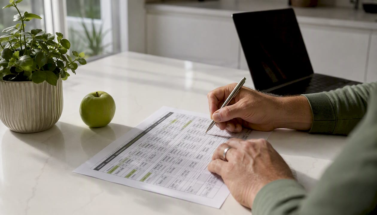 Hands pointing at home extension cost spreadsheet