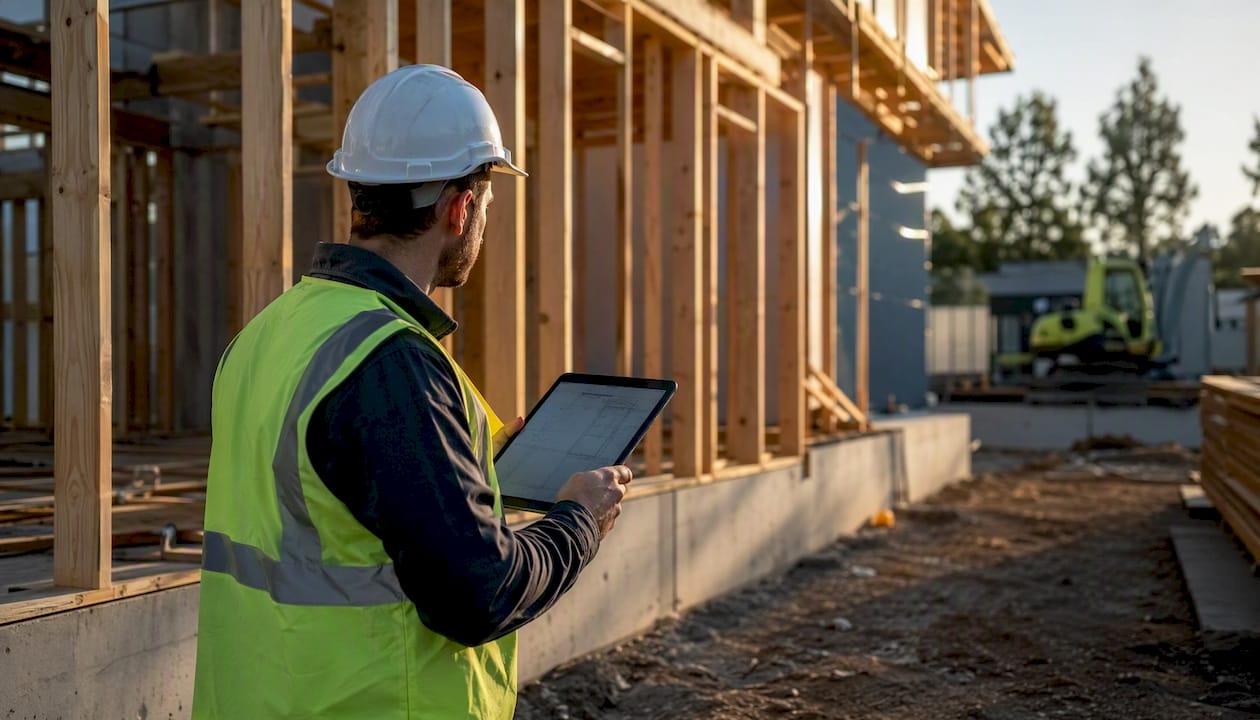 Construction manager reviewing project phases indoors