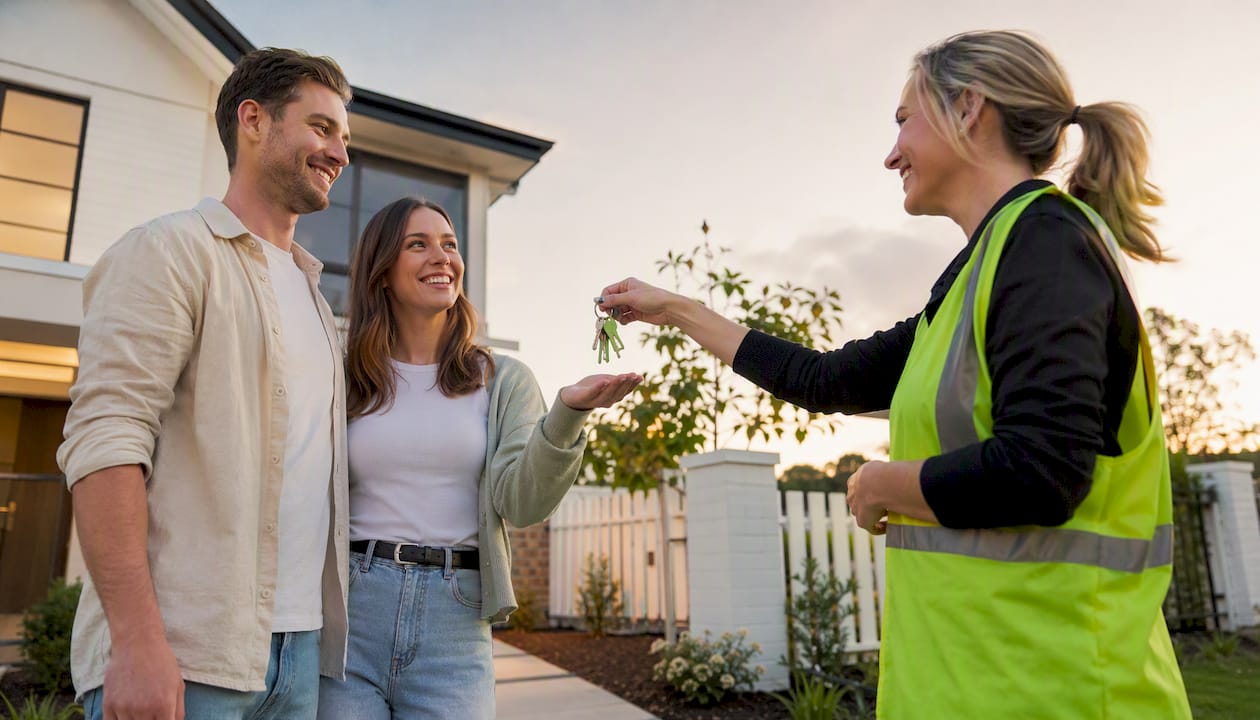 Couple receiving house keys from builder