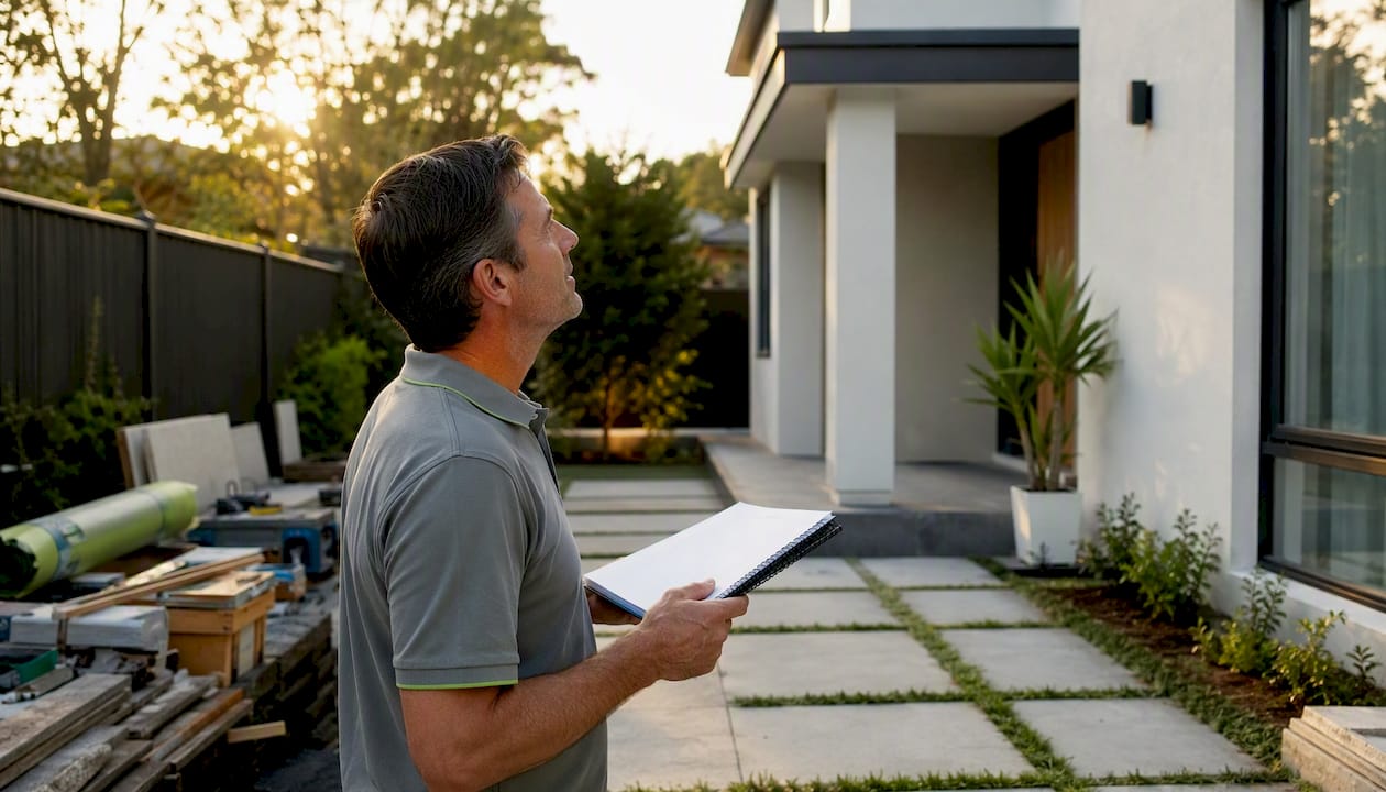 Owner inspecting nearly completed home exterior