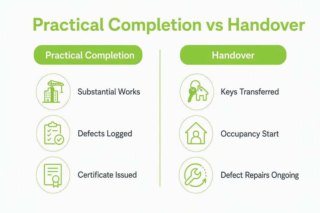 Infographic comparing practical completion and handover