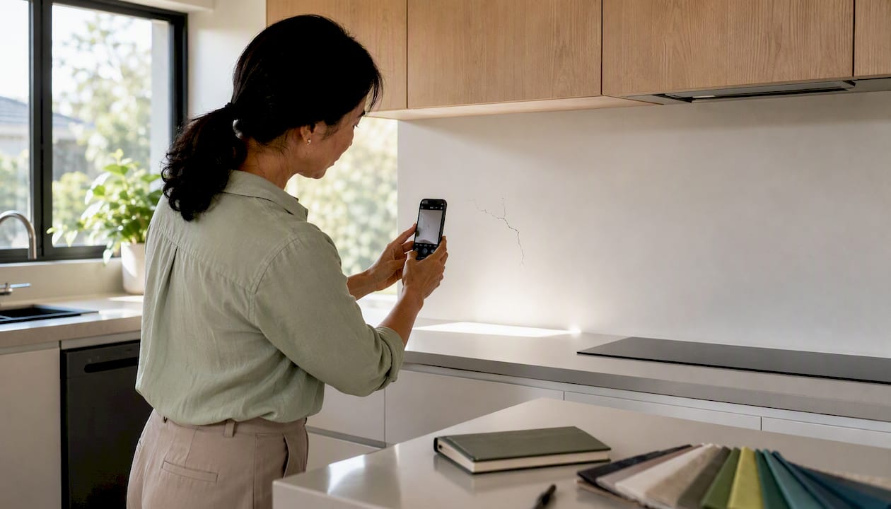 Owner photographing wall defect for checklist