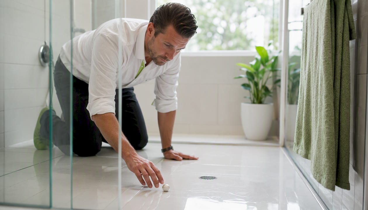 Inspector rolling marble on shower floor slope