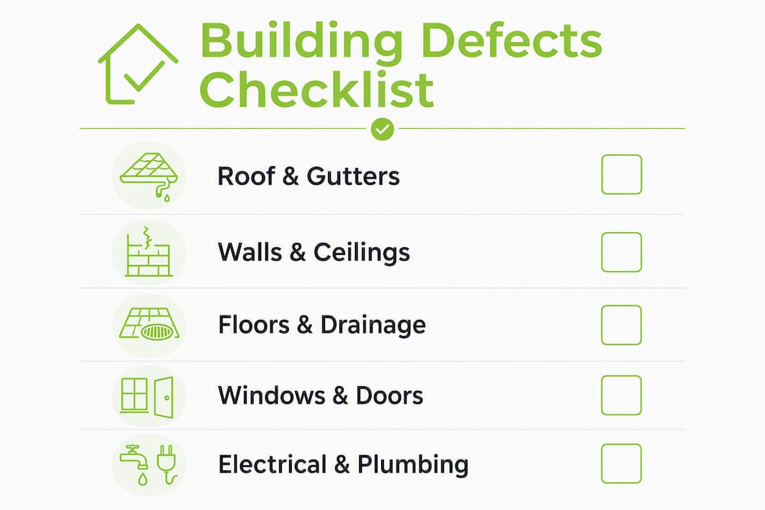 Infographic summarizing key building defects checklist areas