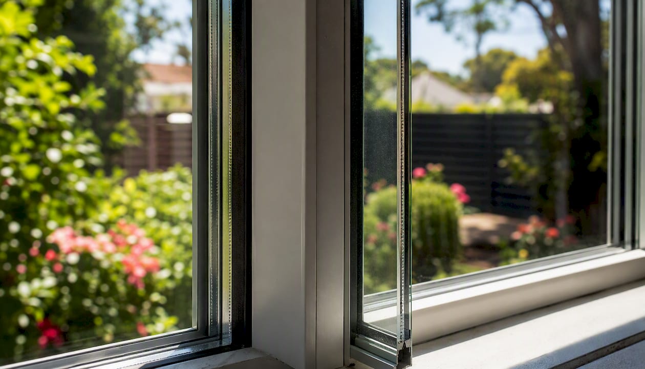 Cross-section of double glazing showing asymmetric panes