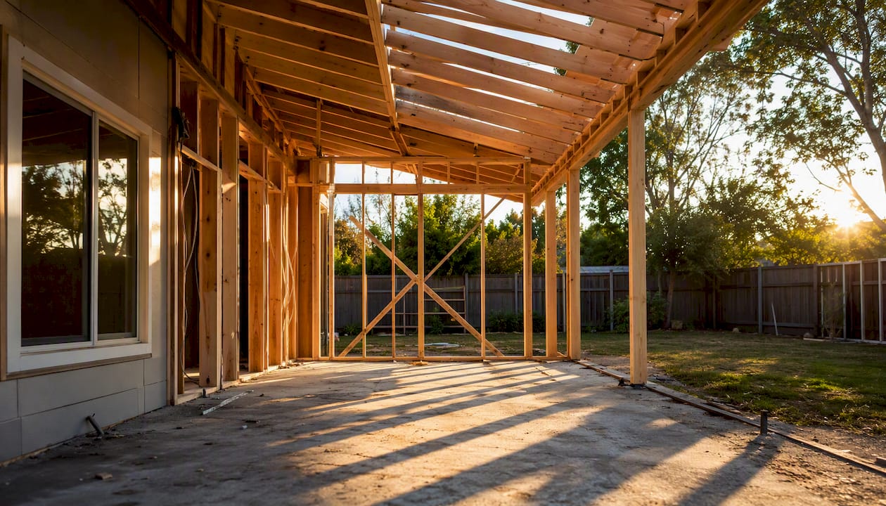 Unfinished timber framing of a home extension