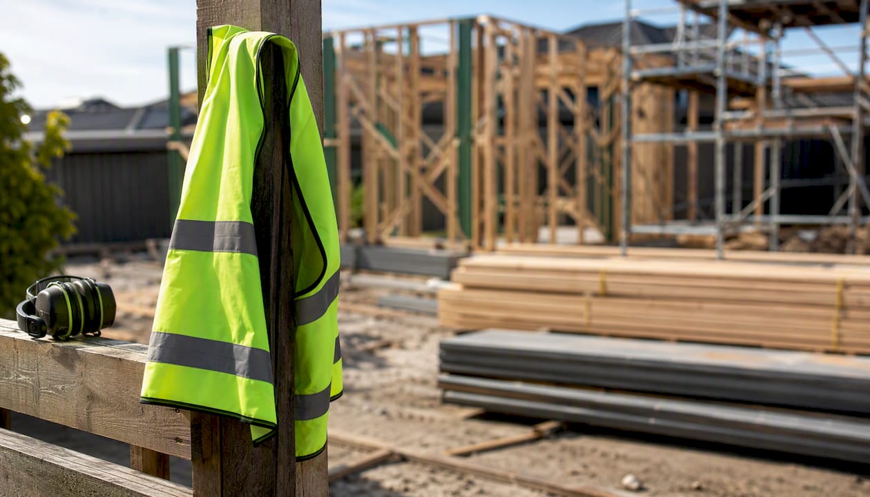 Safety boots and vest at construction site entrance