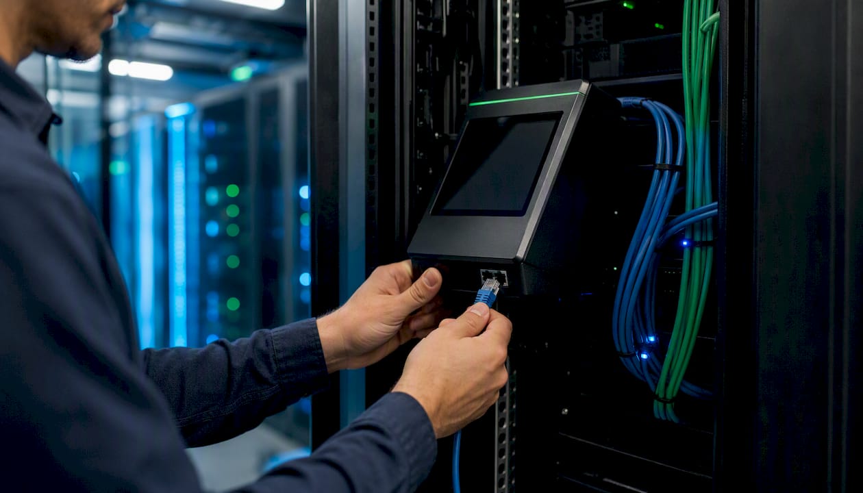 Technician connecting network cable in server rack