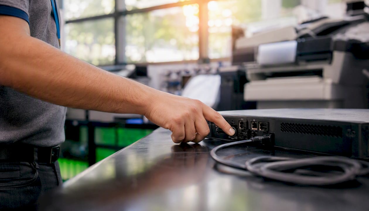Technician restarting print management connector device