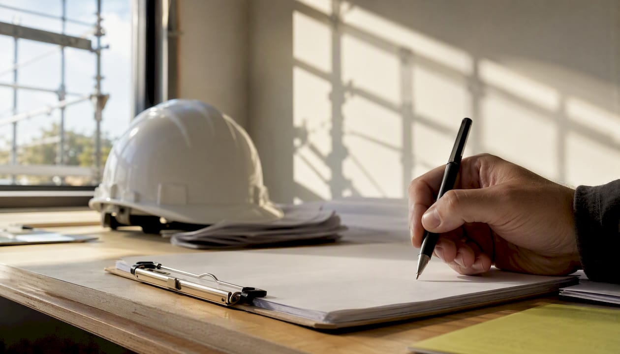 Desk with variation management documents on site
