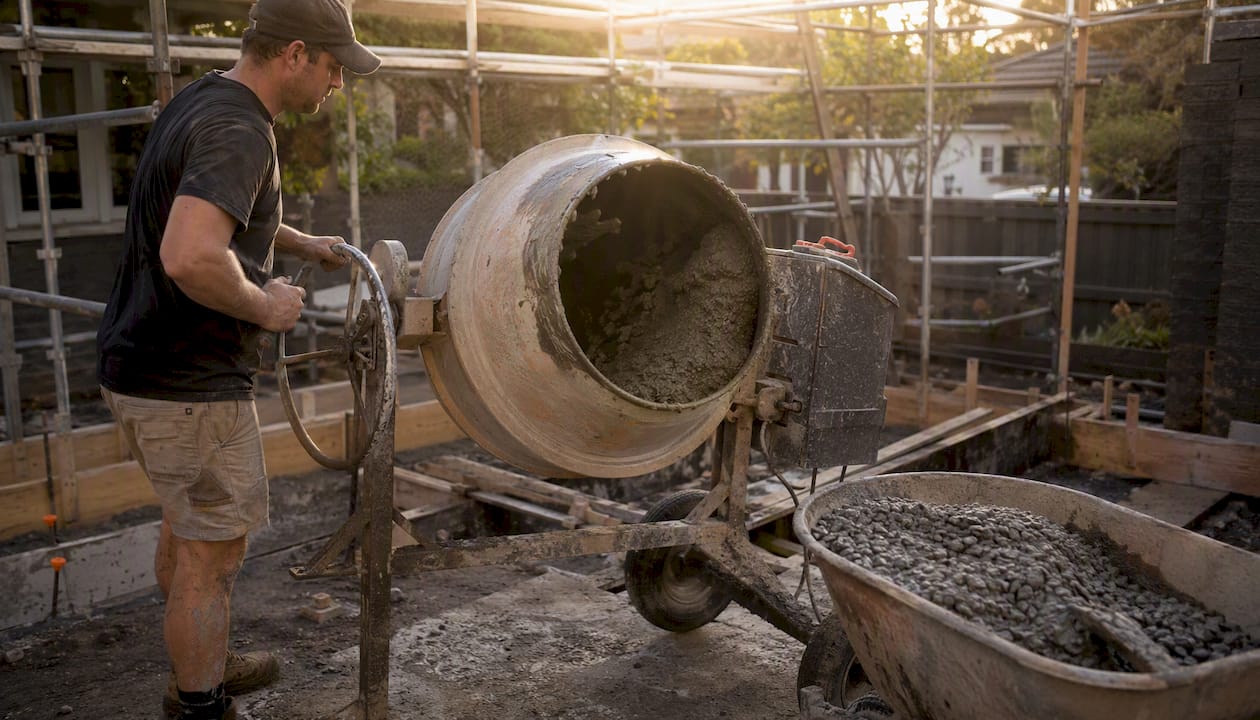 Worker mixing concrete foundation on site