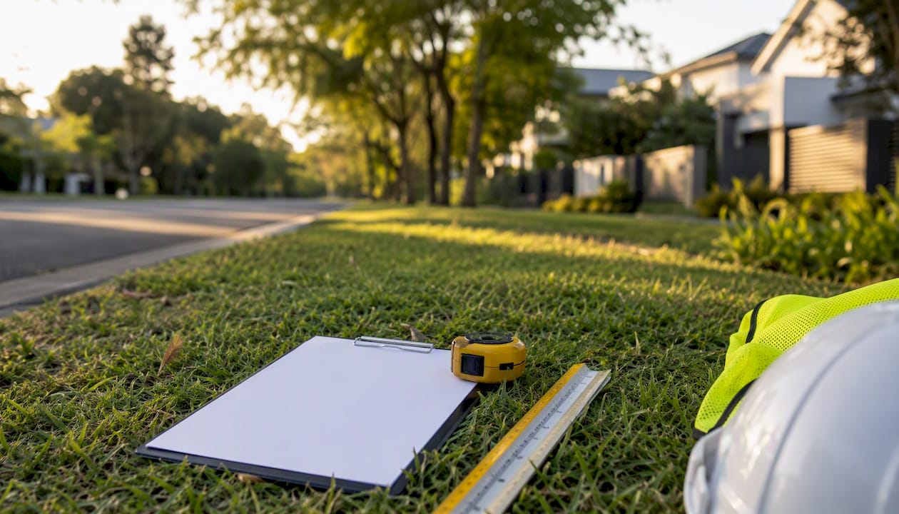 Surveyor tools on suburban lot for planning assessment
