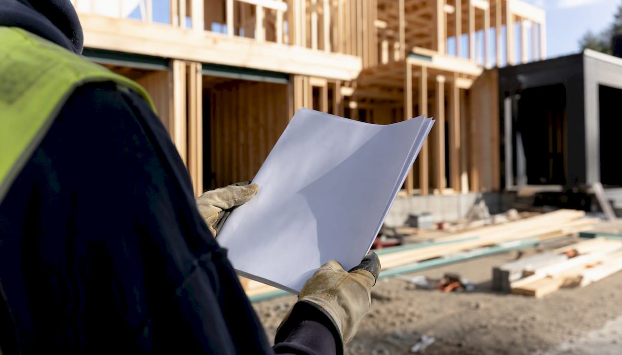 Builder holding blank building permit on construction site