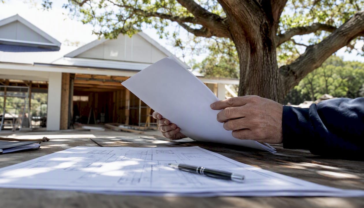 Hands holding blank building contract on site