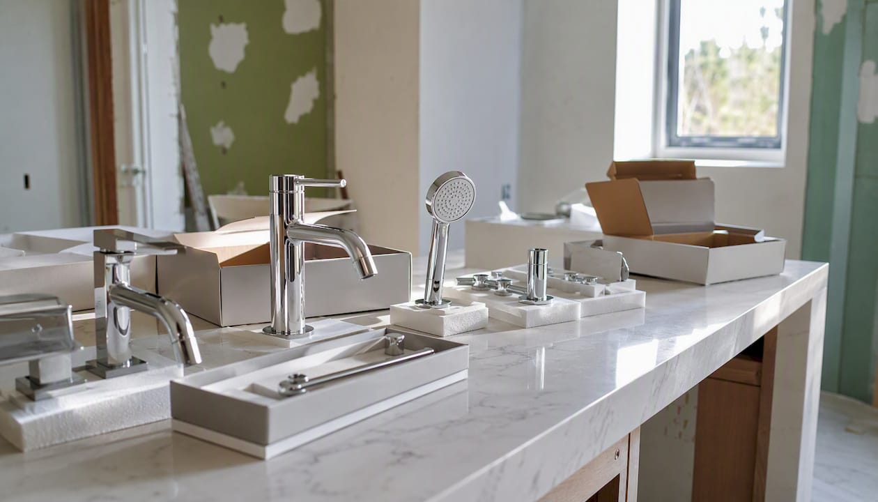 Tapware fixtures on workbench during renovation