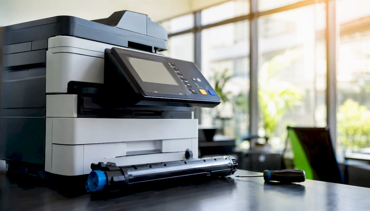 Close-up of office printer control panel and tools