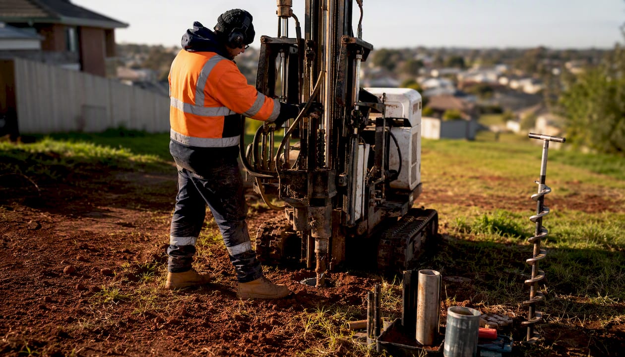 Technician drilling soil borehole in Melbourne yard