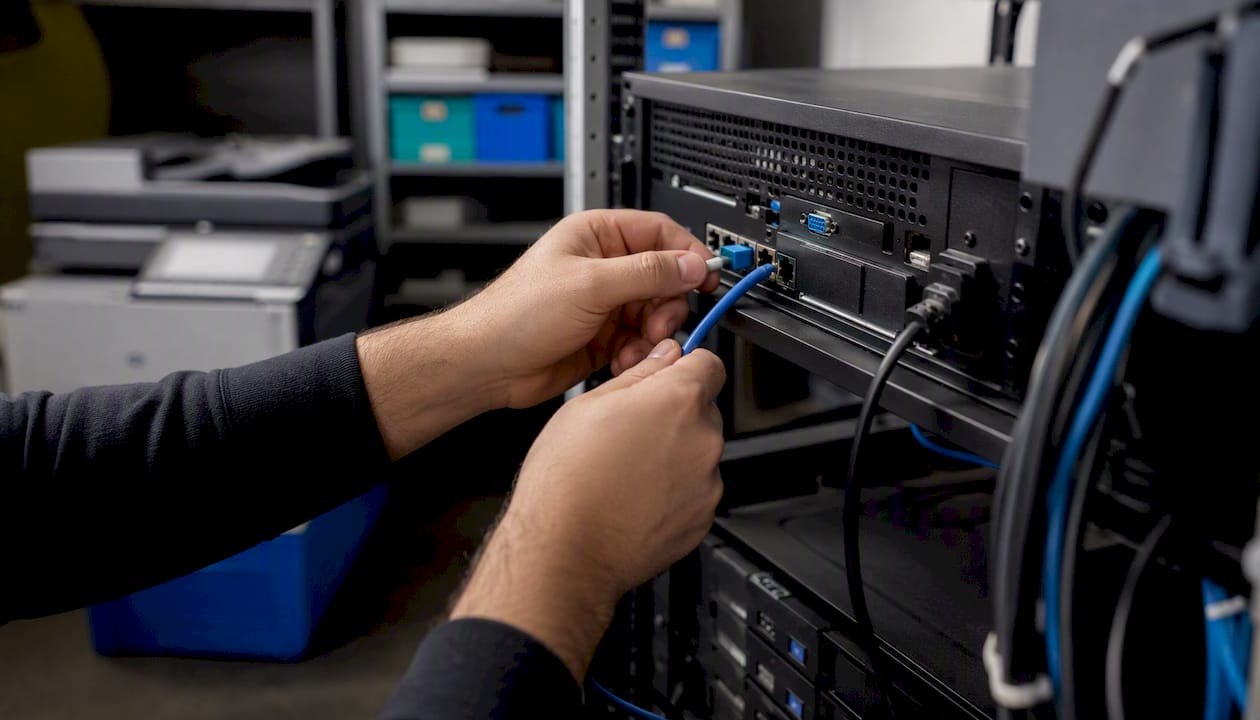 Technician connecting network cable to server