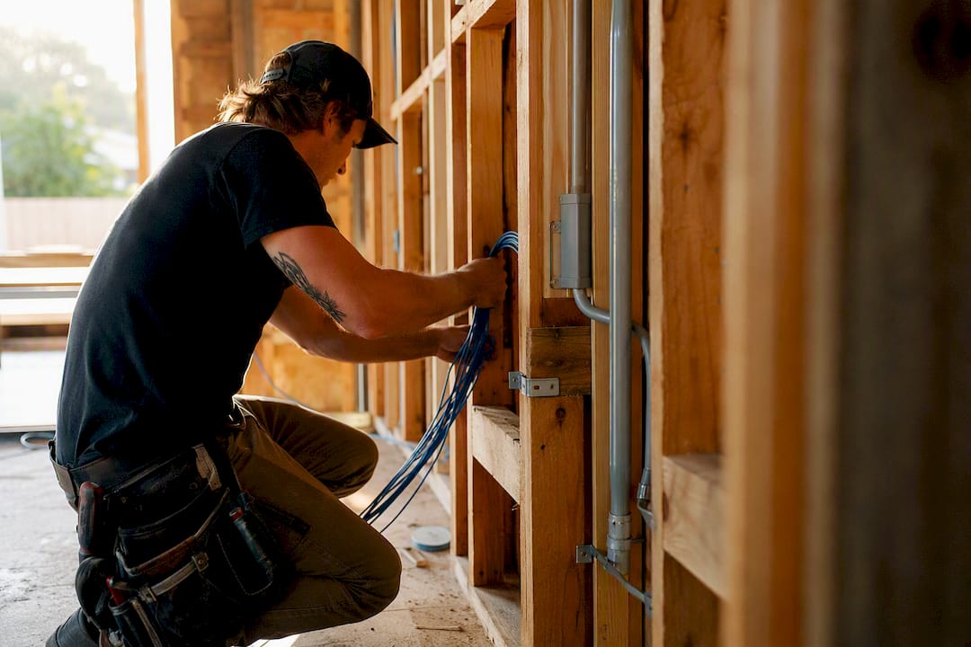 Electrician pulling network cable in wall frame