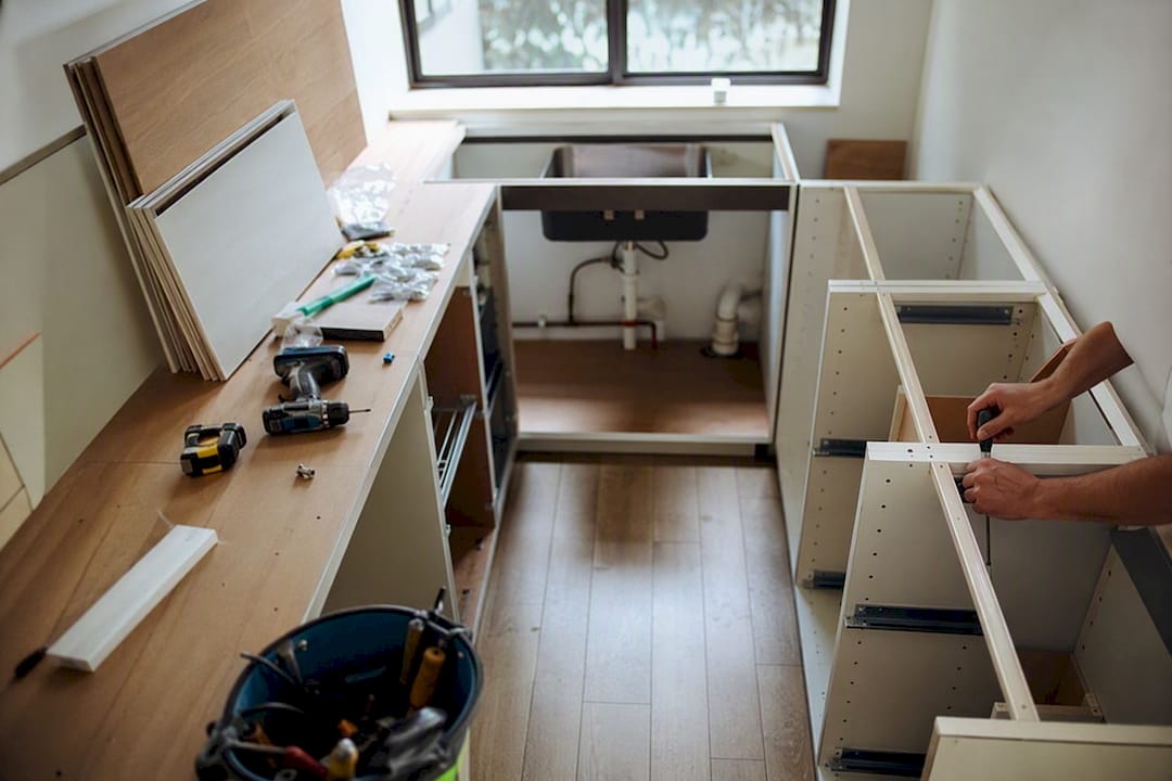 Overhead view of small galley kitchen renovation progress