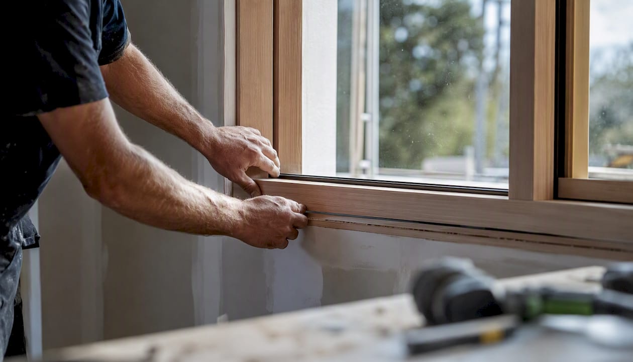Craftsman installing timber window frame