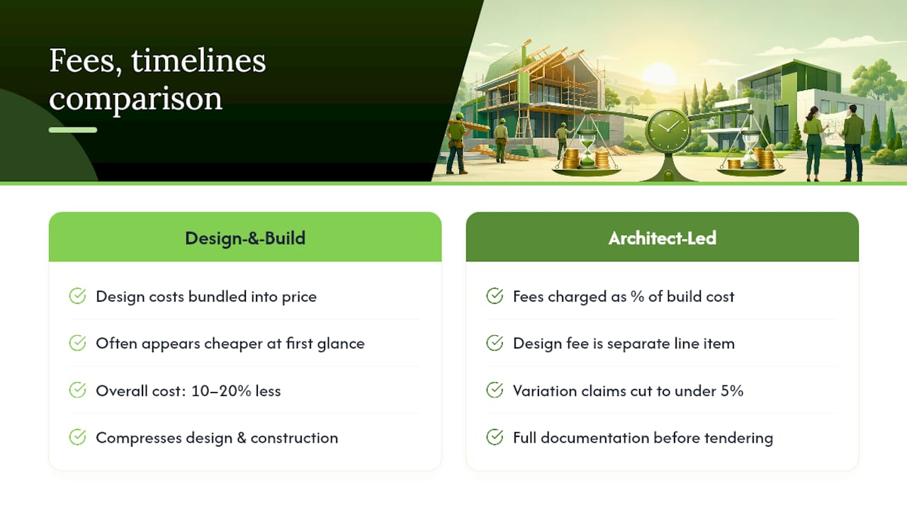 Comparison diagram of fees and timelines for design-and-build versus architect-led projects