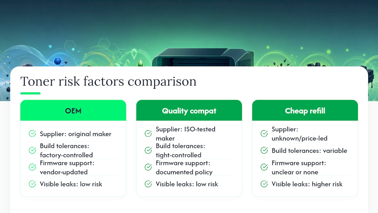 Diagram comparing toner cartridge supplier quality and risk