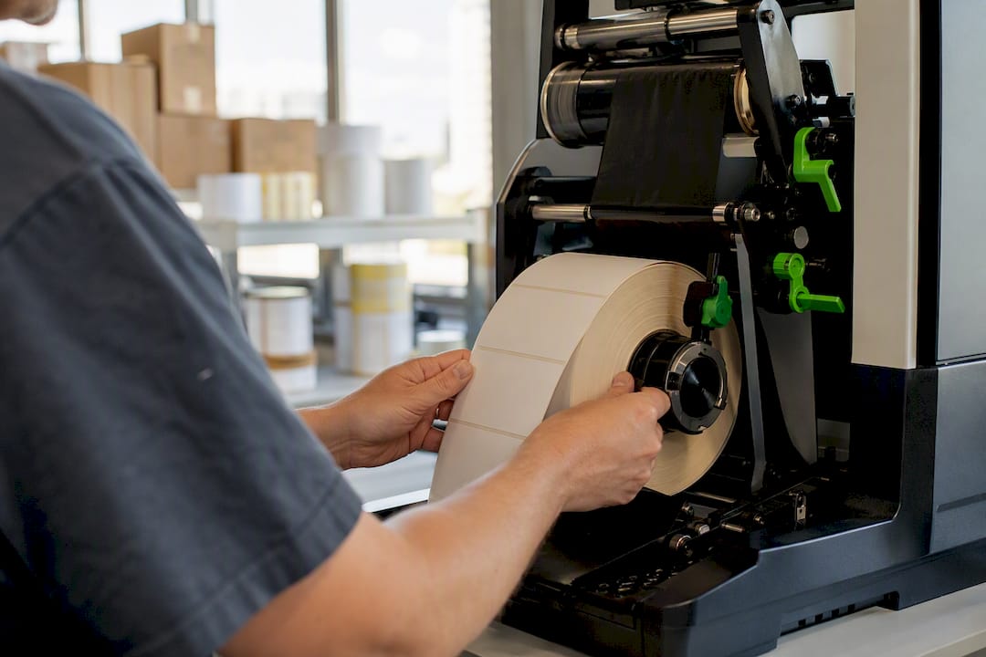 Hands loading label roll into printer