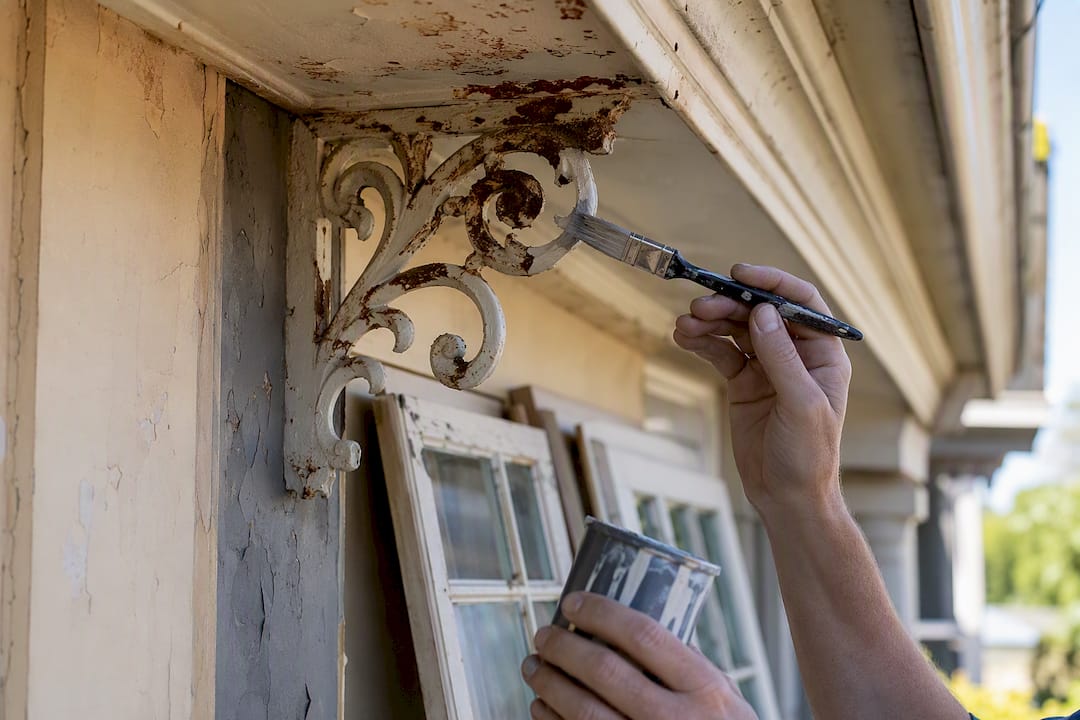 Hands applying touch-up paint on heritage ironwork
