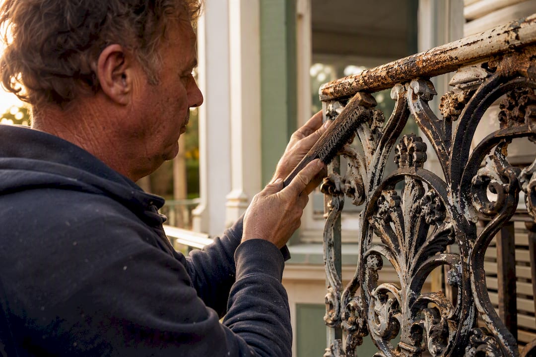 Hands restoring cast-iron heritage facade details