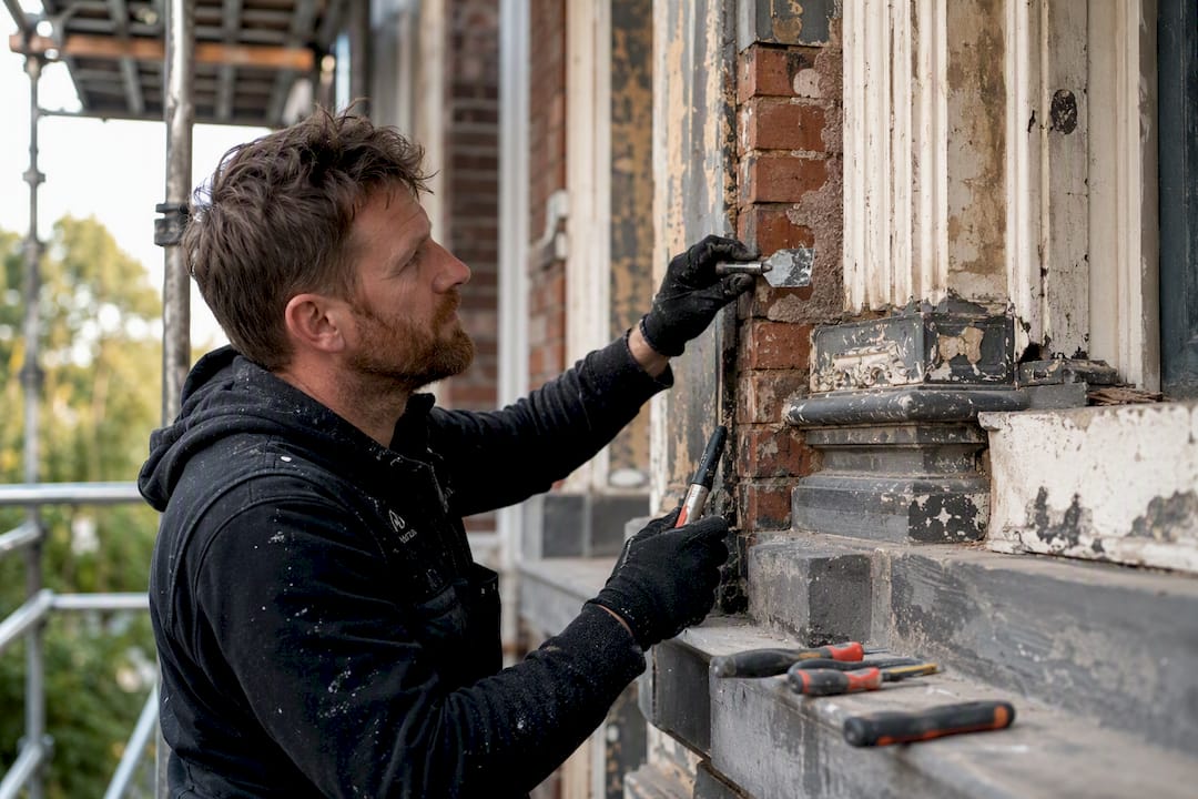 Craftsman restoring heritage building facade
