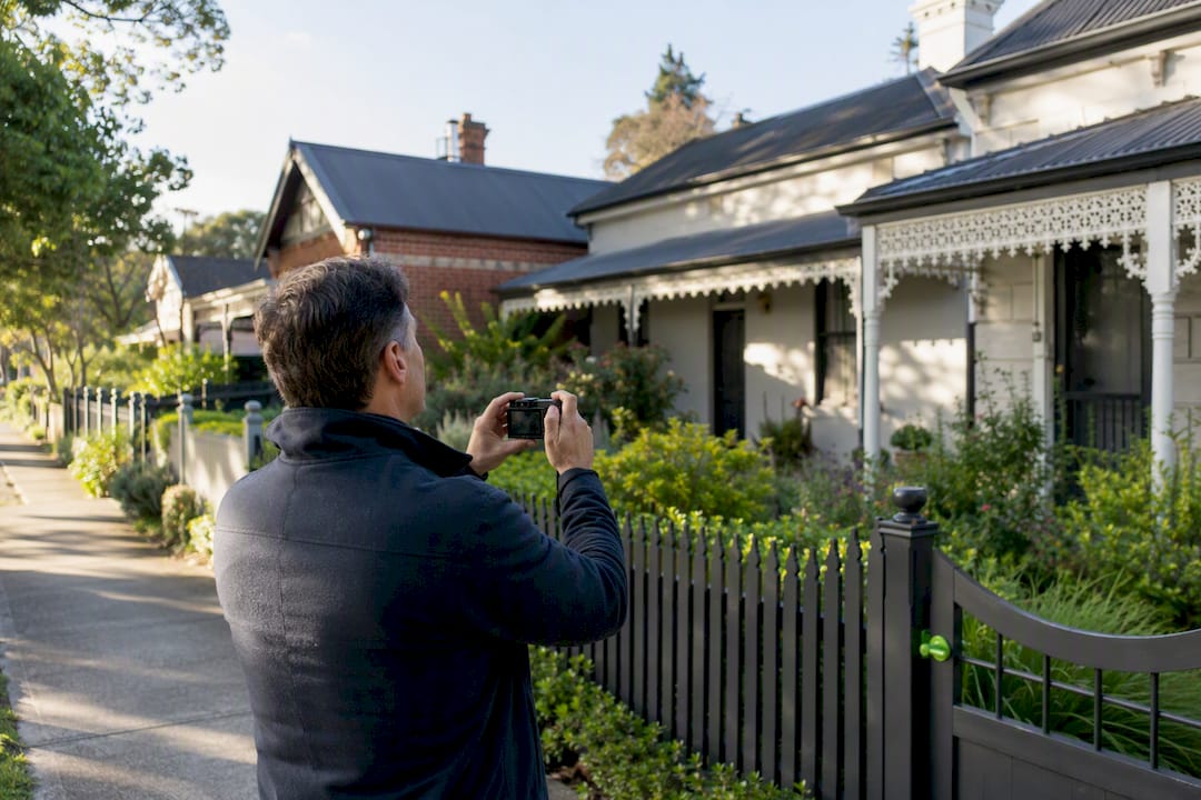 Homeowner photographing neighbouring Melbourne houses