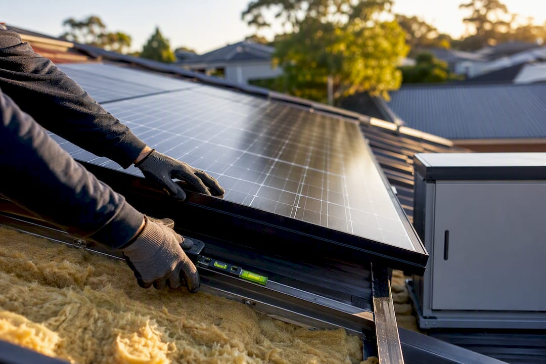 Installer fitting solar panels to home