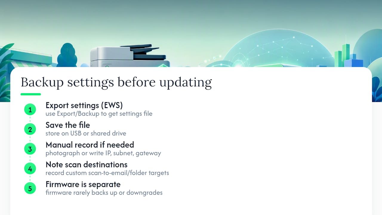 How to back up your printer's settings before updating — overview diagram