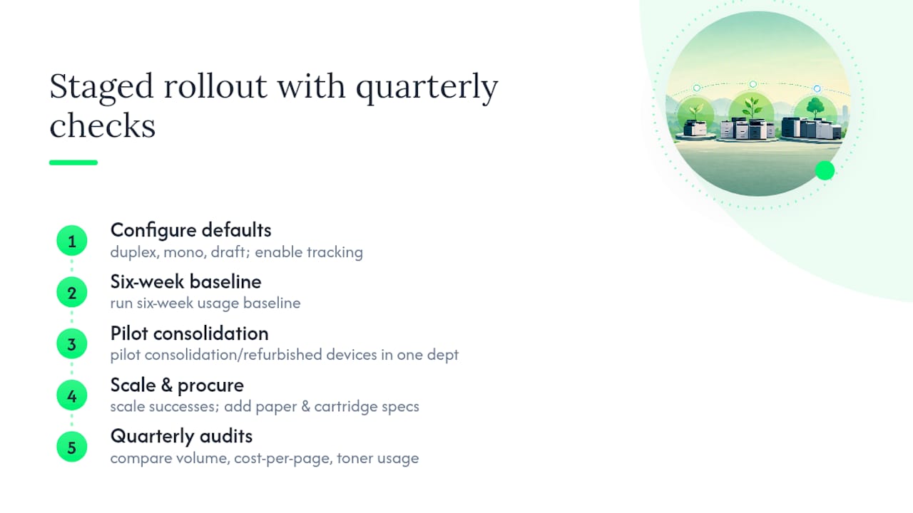 Staged green printing policy rollout and audit cycle