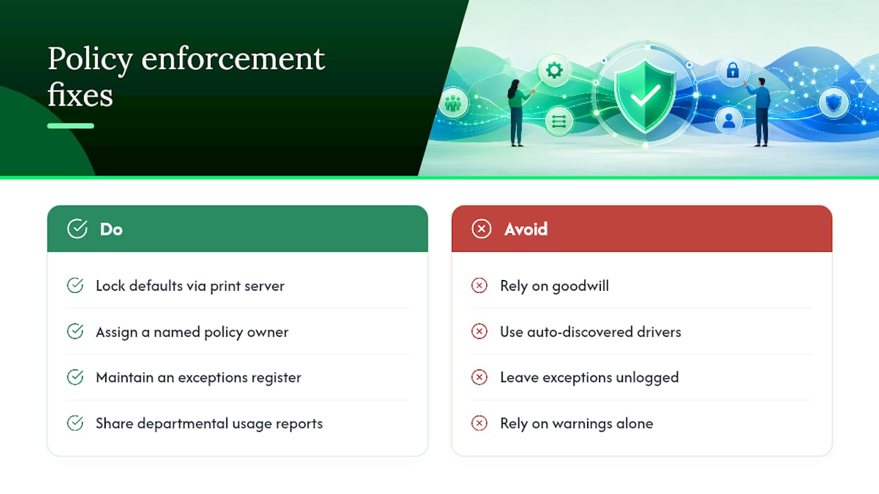 Common challenges in enforcing print policies (and fixes that work) — overview diagram