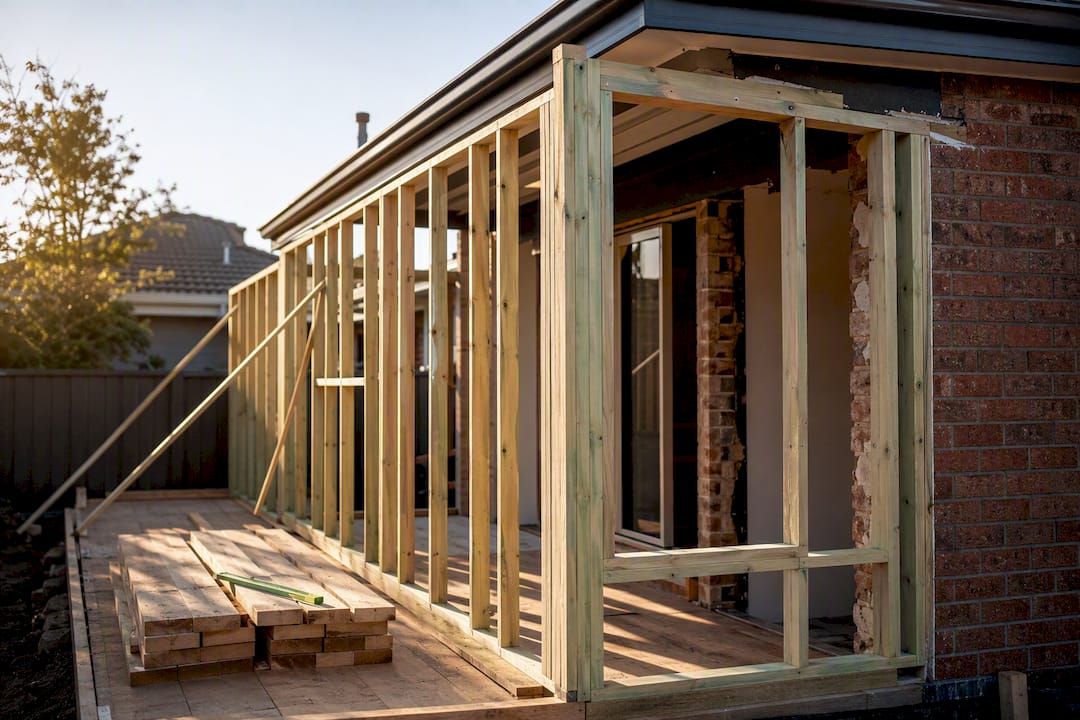 Ground floor extension framing beside existing home