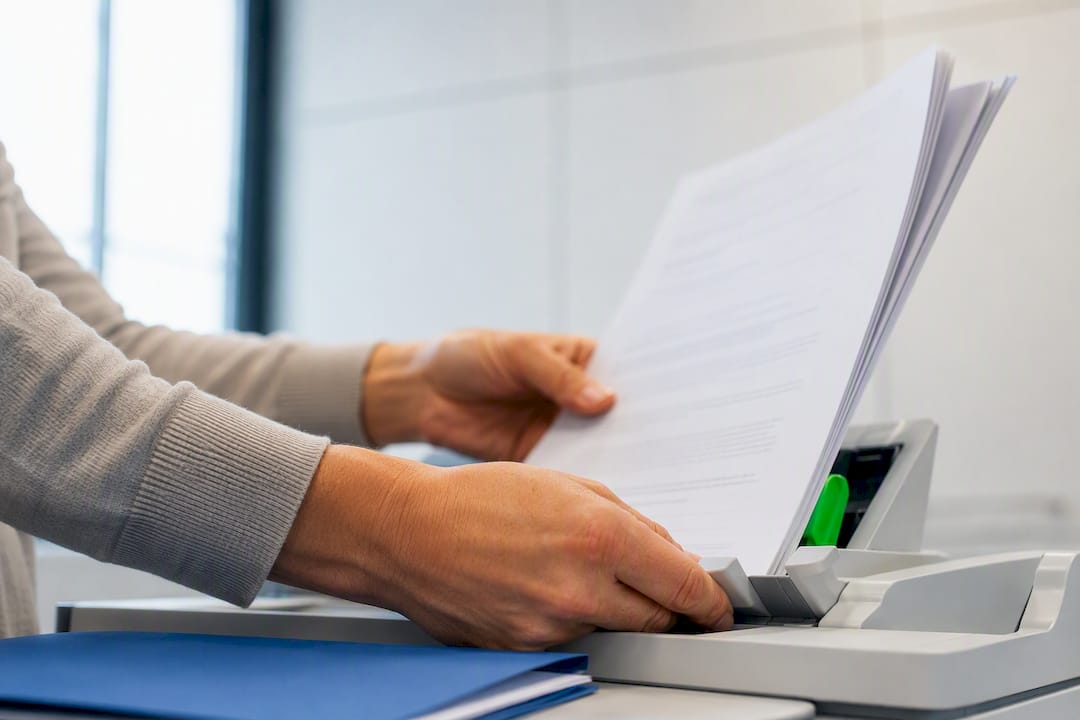 Hands loading documents into automatic feeder