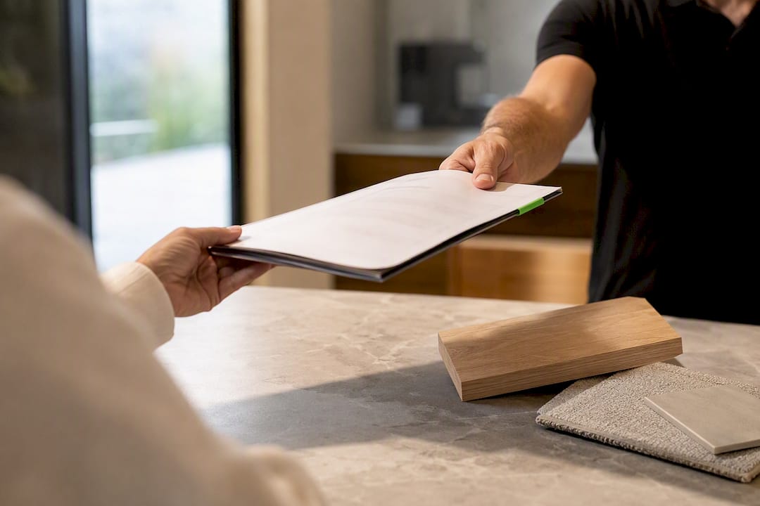 Builder handing homeowner contract folder