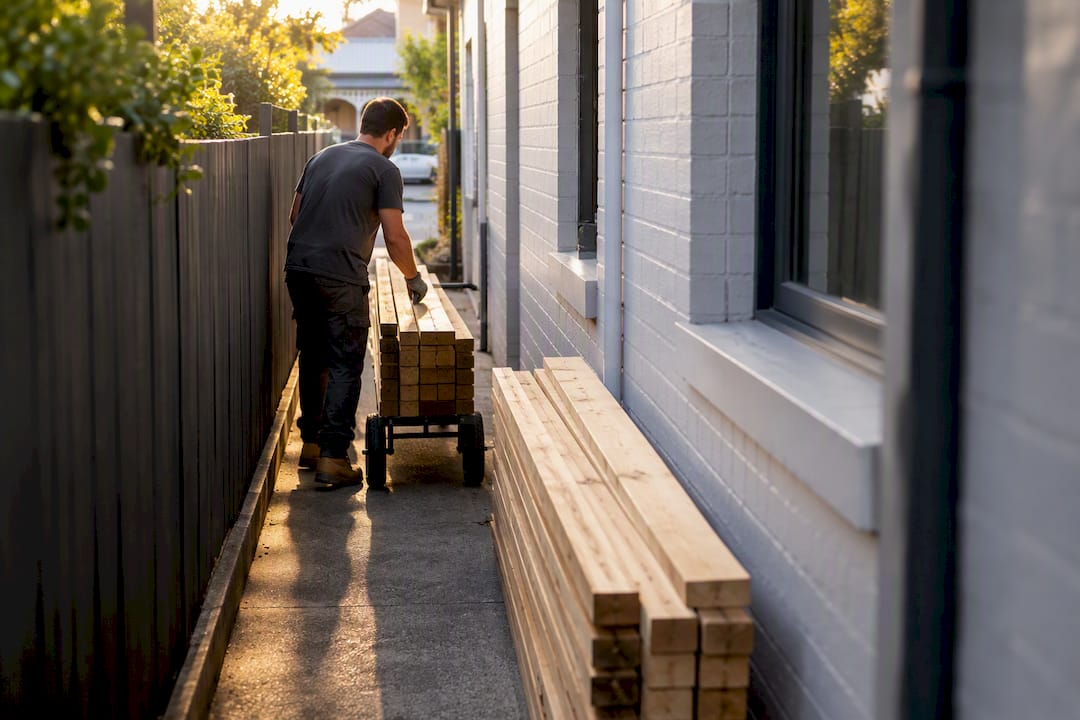 Narrow terrace passage with renovation materials
