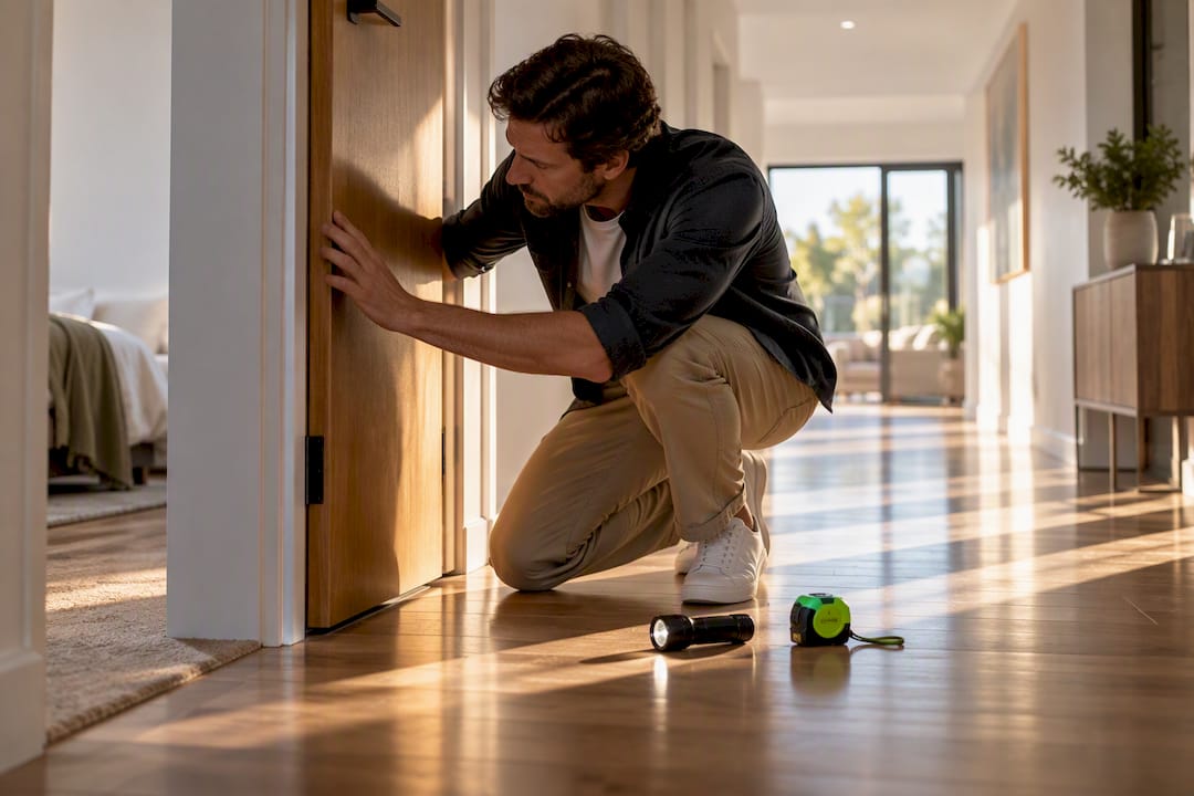 Homeowner inspecting new home door alignment