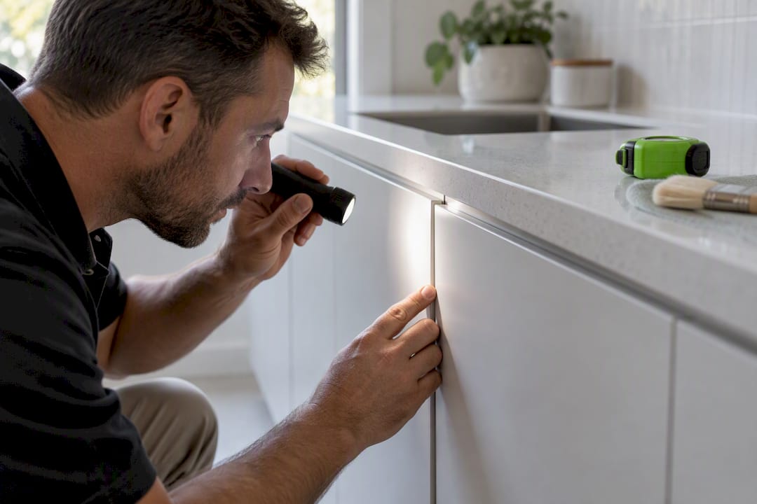 Builder checking cabinet and silicone finish