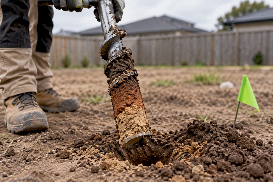 Technician collecting soil sample for site classification