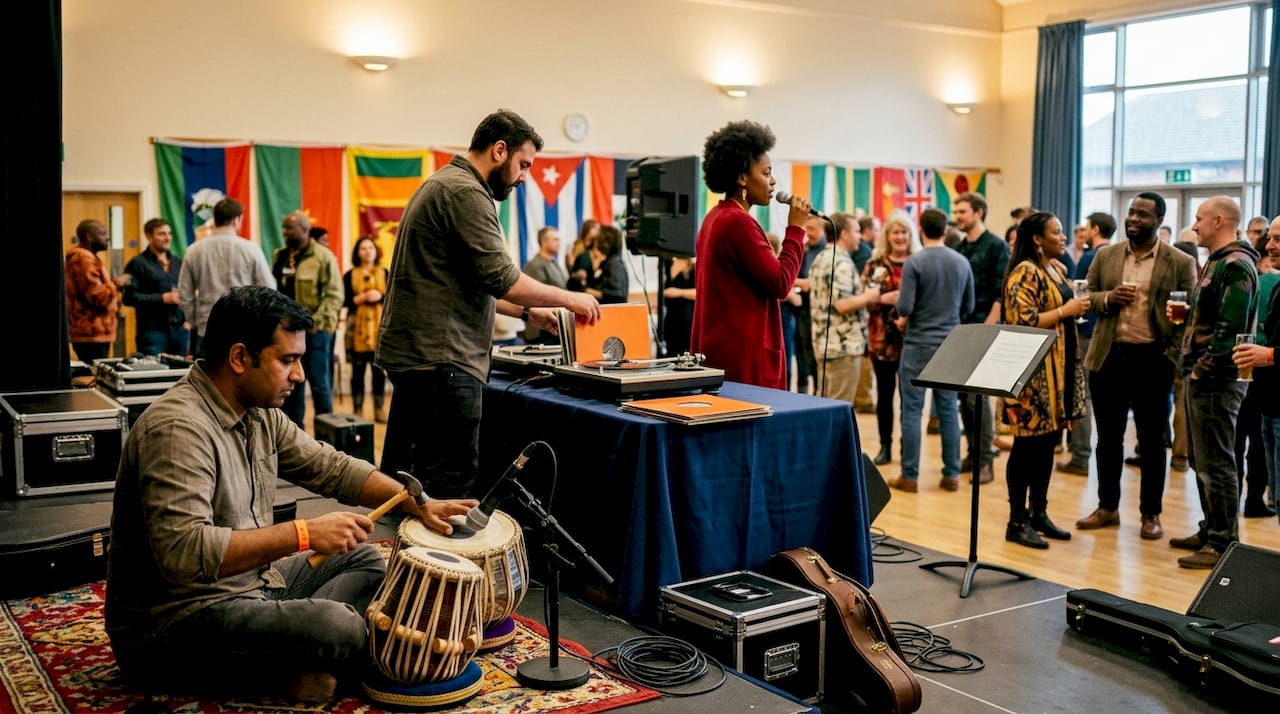Diverse musicians setting up multicultural event stage