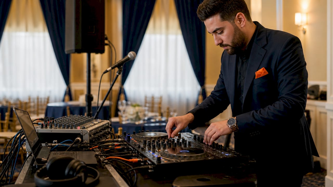 Close-up of DJ hands adjusting DJ controller knobs